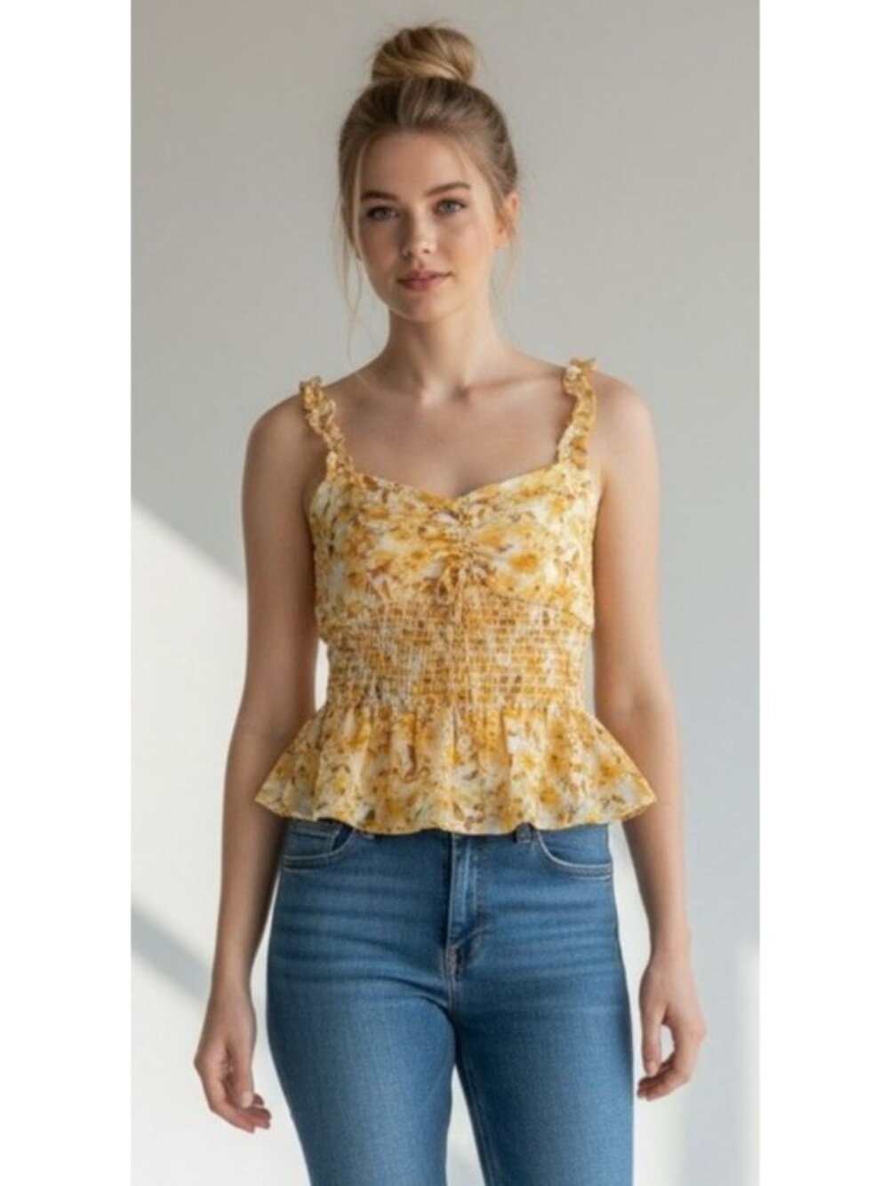 Lush Floral Tie Front Tank Top Gold Brown, Sz. S